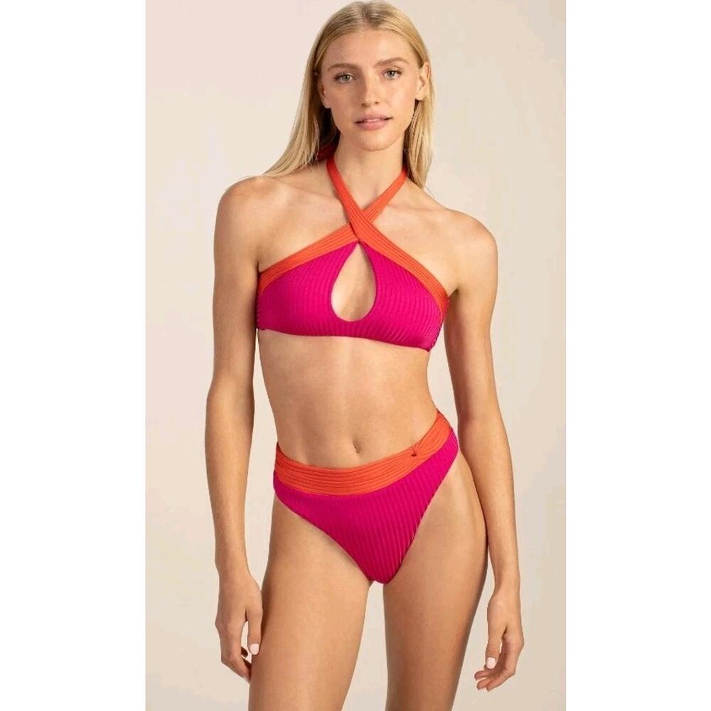 Trina Turk Pink Olympia Rib Crossover High Rise 2pc Halter Bikini Swimwear Sz 4